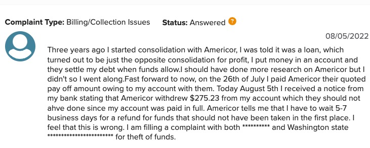 Americor review where individual said that they were told it was a loan.