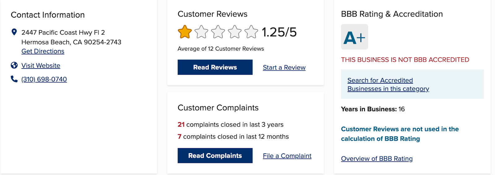 Golden Law LLP have an A+ but 1.25/5 star rating on BBB