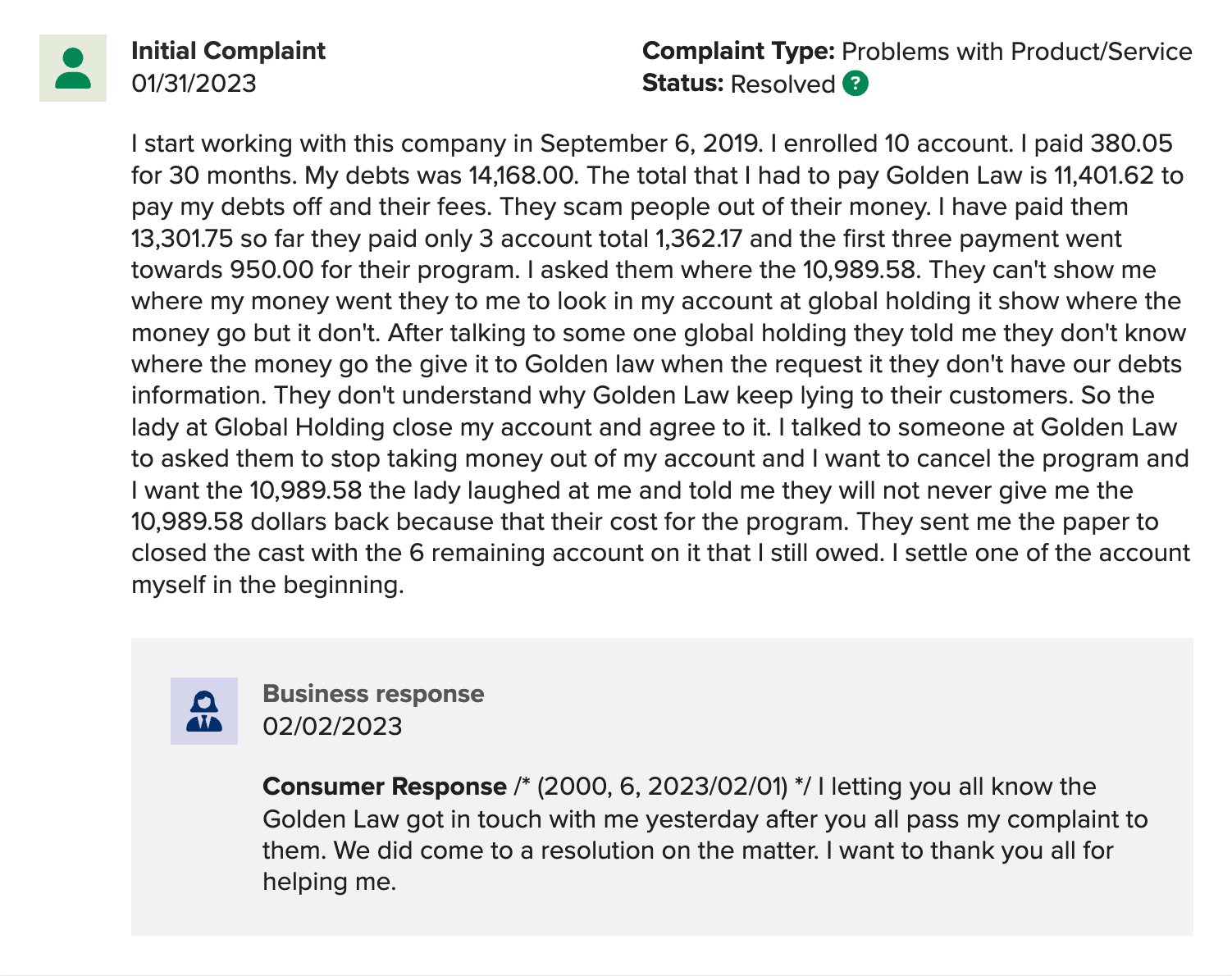 A BBB Golden Law LLP complaint discussing how the company is a scam