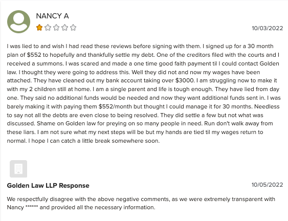 A 1 star review on BBB for Golden Law LLP