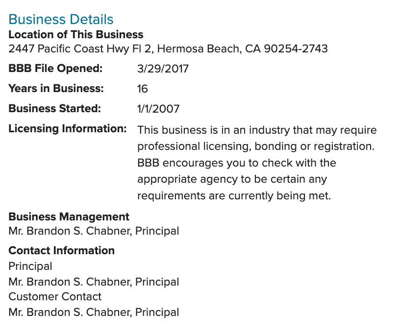 The BBB page showing how long Golden Law has been around vs. when their BBB started