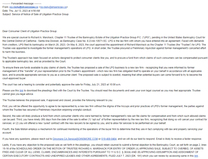 Phoenix Law Group customers received an email about LPG sale.