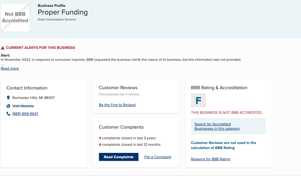 Proper Funding BBB page