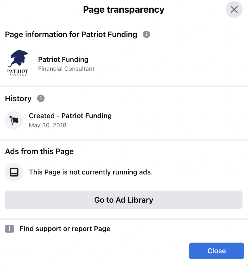 Facebook page transparency section for Patriot Funding